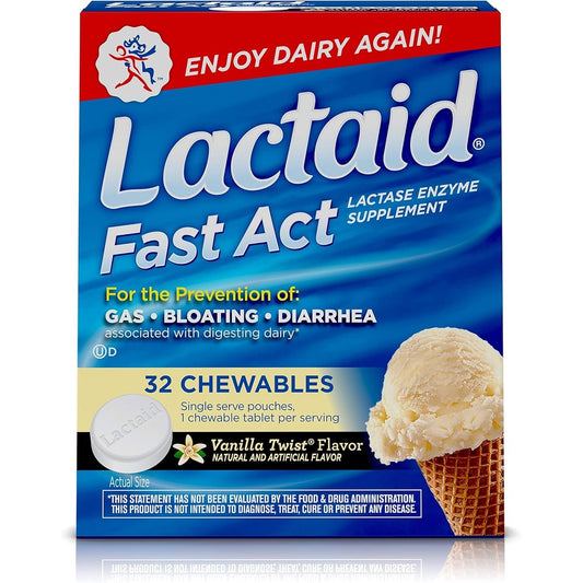 Lactaid Fast Act Lactose Intolerance Chewables box front view showcasing vanilla twist flavor dairy relief