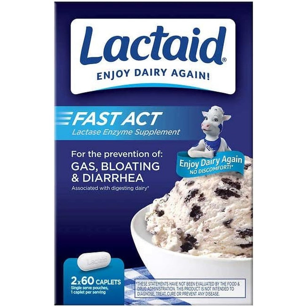 Lactaid Fast Act Lactose Intolerance Caplets 120 count box front view showing lactase enzyme supplement details for dairy relief.