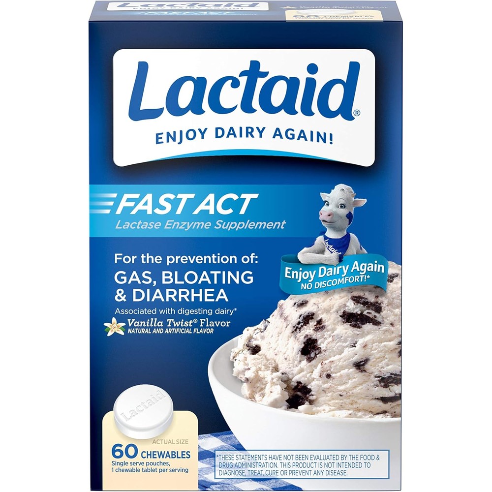 Lactaid Fast Act Lactose Intolerance Chewables front package view for dairy digestive support