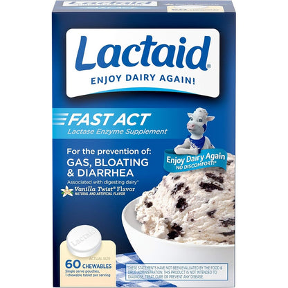 Lactaid Fast Act Lactose Intolerance Chewables front package view for dairy digestive support