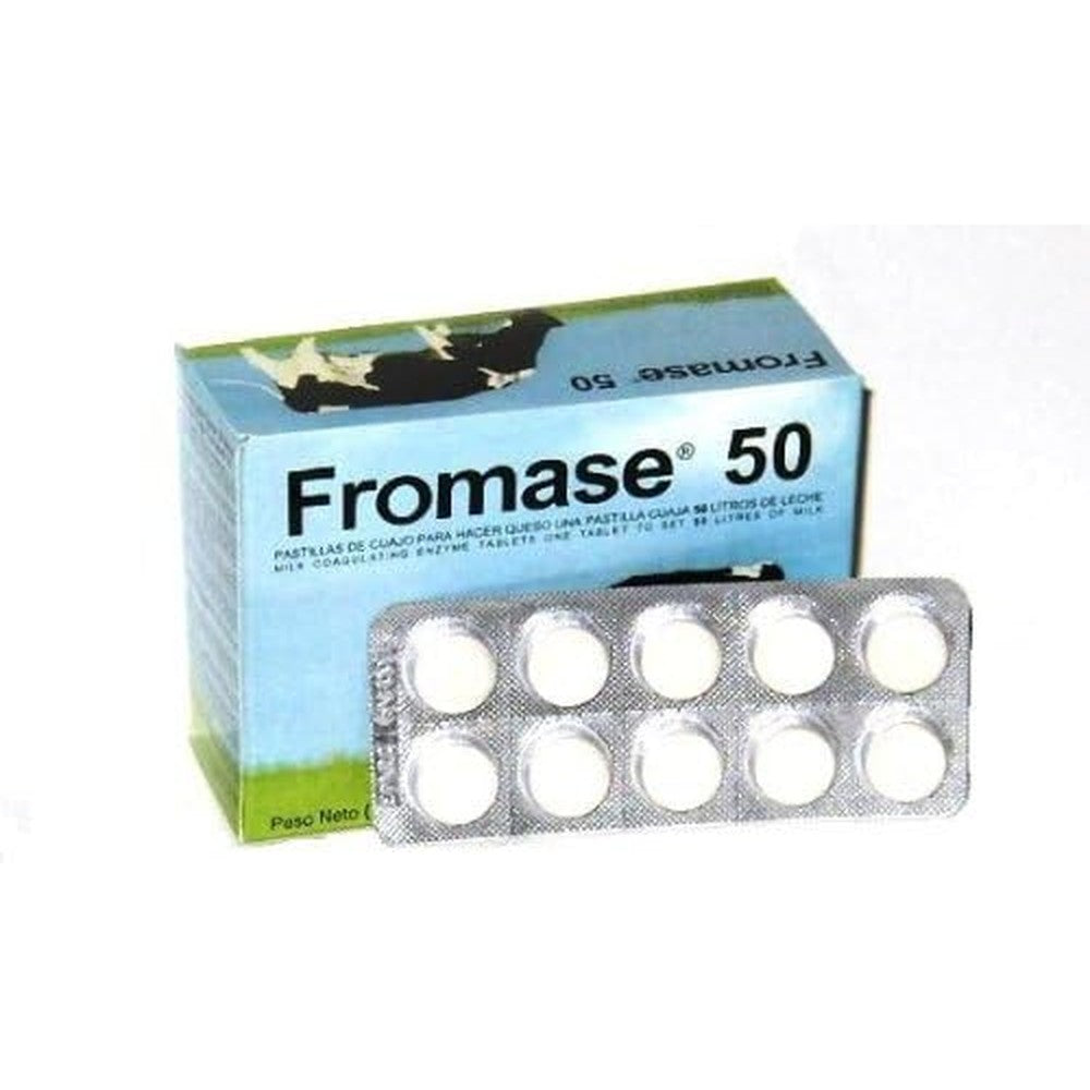 Fromase 50 Vegetarian Rennet Tablets front view packaging slip for authentic home cheese making.