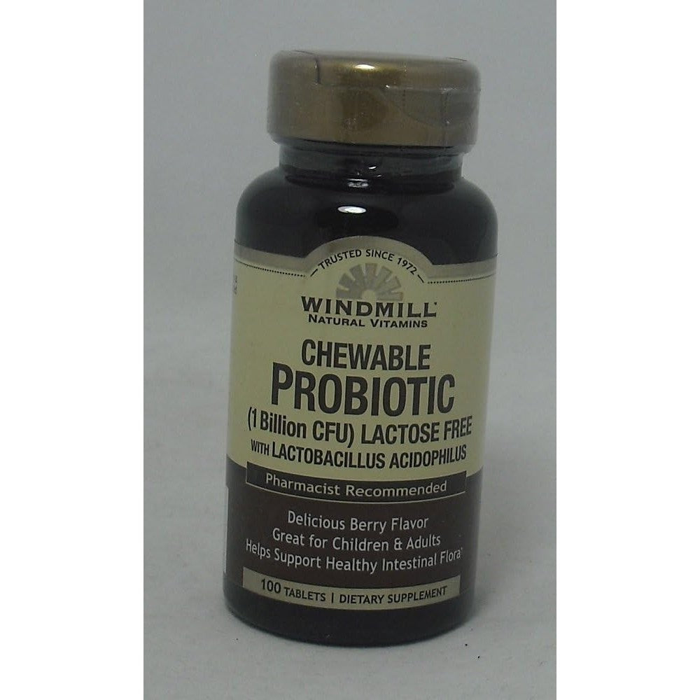 Windmill Probiotic Lactose Free Berry Chewables 100 Count front bottle view for digestive health