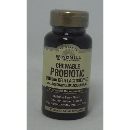Windmill Probiotic Lactose Free Berry Chewables 100 Count front bottle view for digestive health