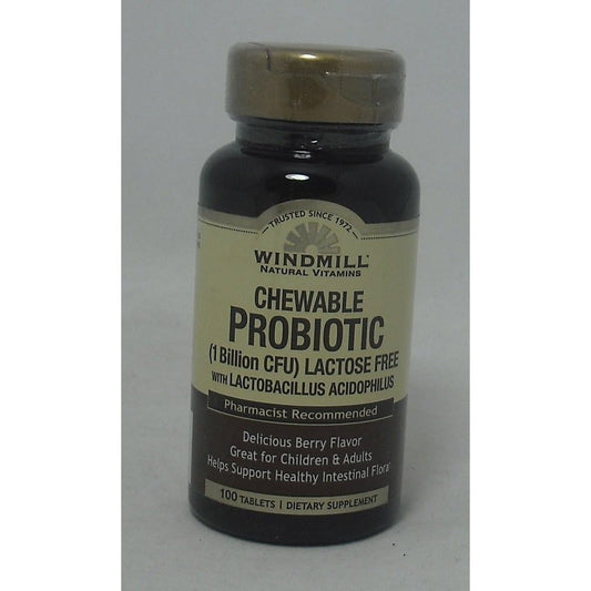 Windmill Probiotic Lactose Free Berry Chewables 100 Count front bottle view for digestive health
