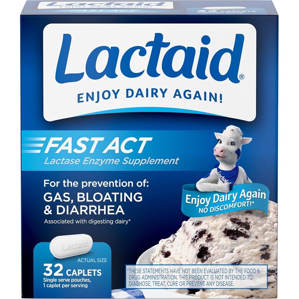Lactaid Fast Act Lactose Intolerance Relief Caplets front view packaging for dairy digestive health