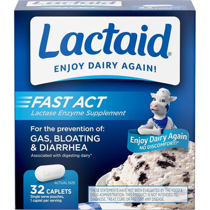 Lactaid Fast Act Lactose Intolerance Relief Caplets front view packaging for dairy digestive health