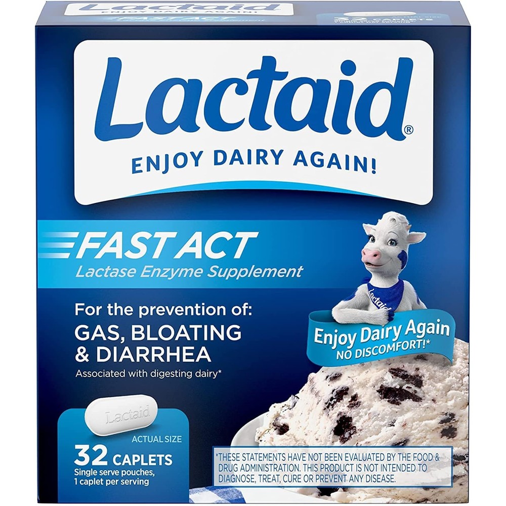Lactaid Fast Act 32 Caplets Pack of 2 front view showing packaging for lactose intolerance relief.