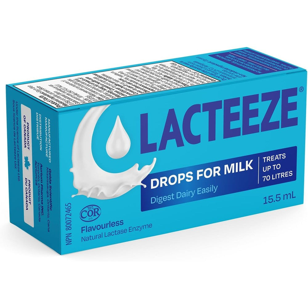 Gelda Scientific Lacteeze Milk Drops front view of packaging for lactose intolerance relief