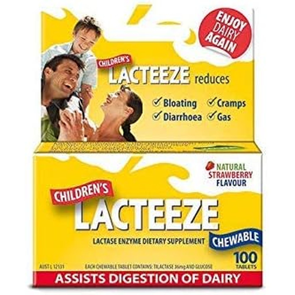 Gelda Scientific Lacteeze Childrens strawberry chewable tablets front view packaging for lactose intolerance relief