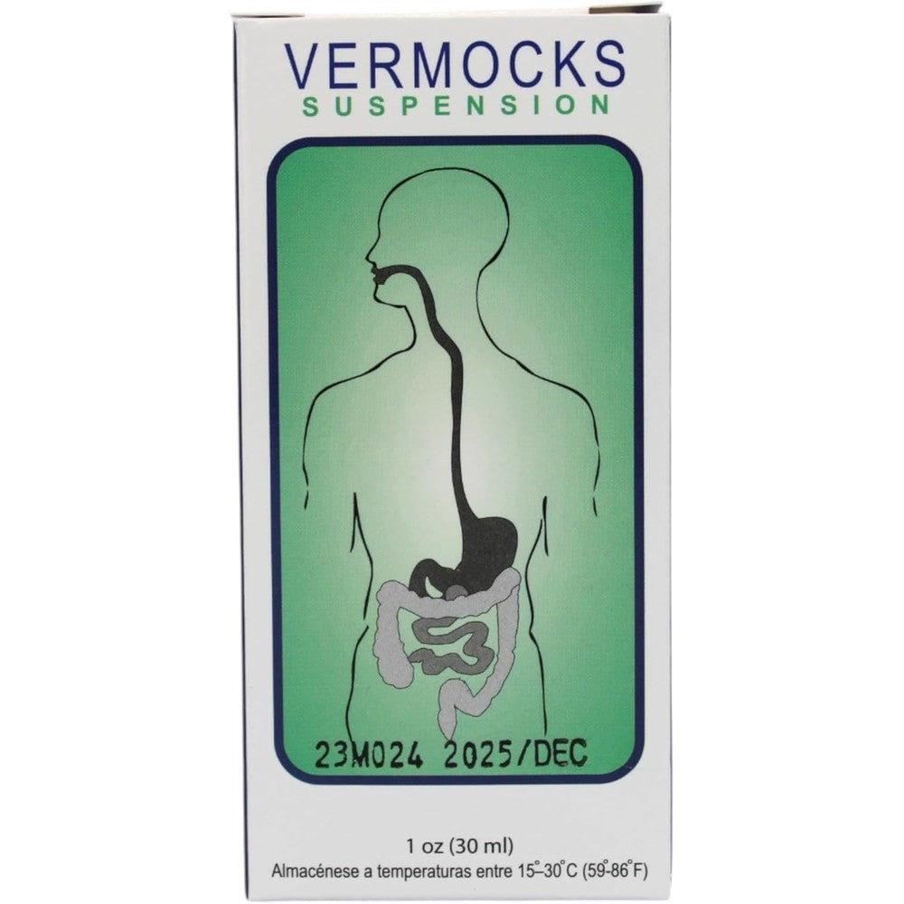 Hispanic Vermocks Suspension oral medication front view package for worm infections