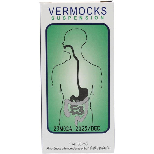 Hispanic Vermocks Suspension oral medication front view package for worm infections