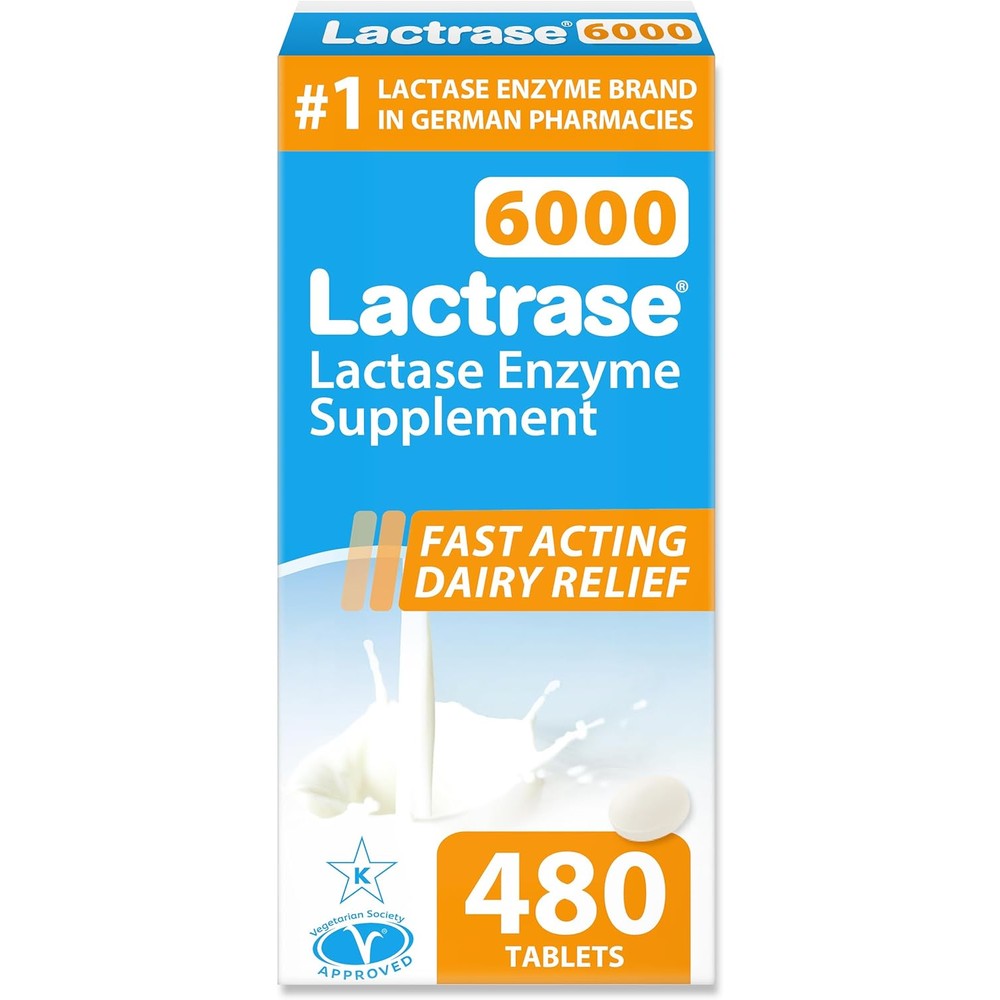 Lactrase 6000 FCC lactase enzyme refill pack front view for lactose intolerance relief