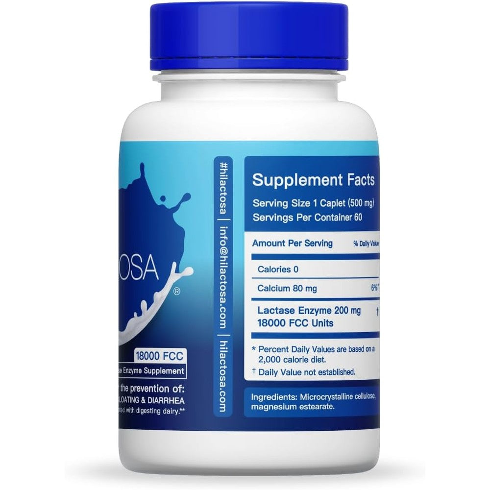 Hi! LACTOSA 18,000FCC Extra Strength 60 caplets bottle front view for lactose intolerance support