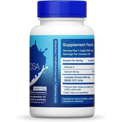 Hi! LACTOSA 18,000FCC Extra Strength 60 caplets bottle front view for lactose intolerance support