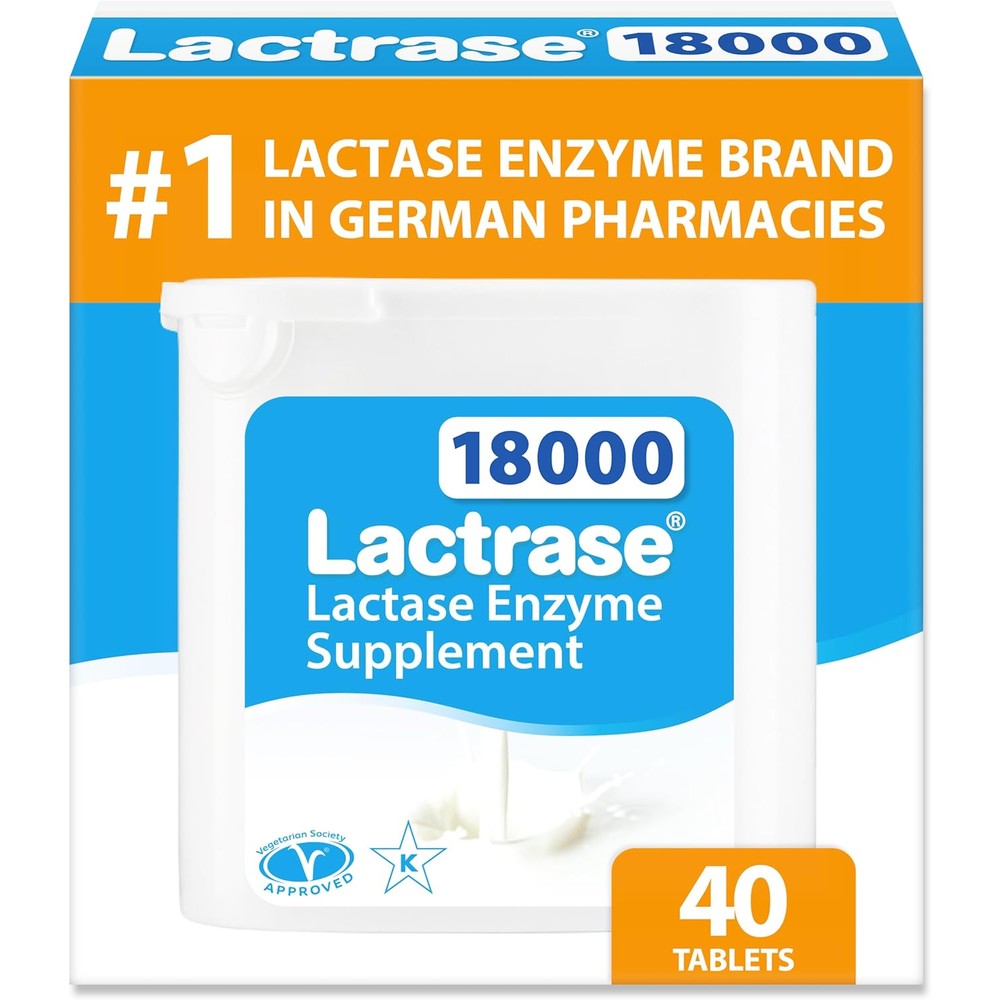 Lactrase tablet dispenser front view showing authentic imported lactase enzyme packaging for lactose intolerance relief.