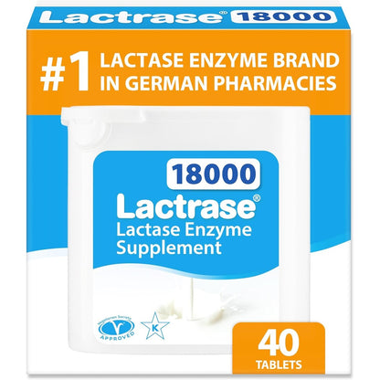 Lactrase tablet dispenser front view showing authentic imported lactase enzyme packaging for lactose intolerance relief.