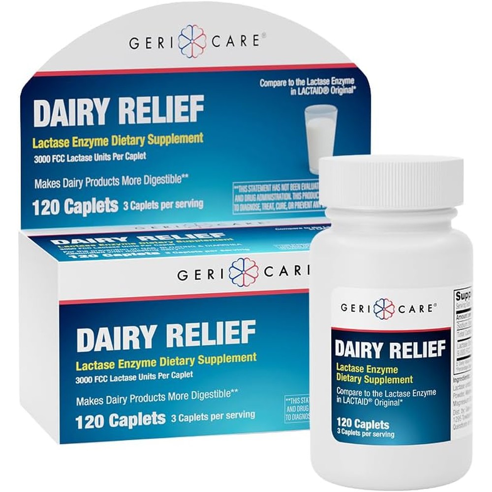 GeriCare Lactase Enzyme Dairy Relief 120 caplets bottle front view for lactose intolerance support