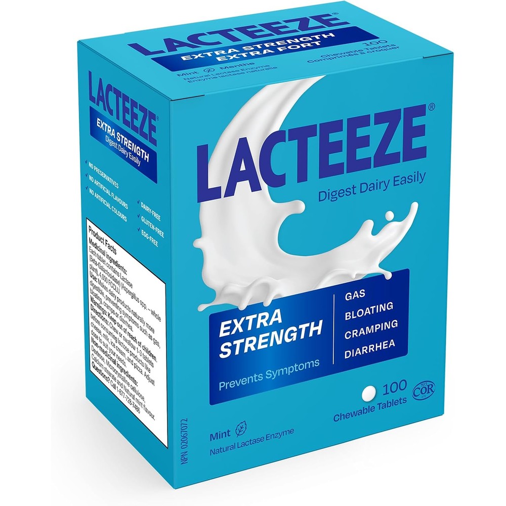 Lacteeze Extra Strength 100 chewable tablets front bottle view for lactose intolerance relief