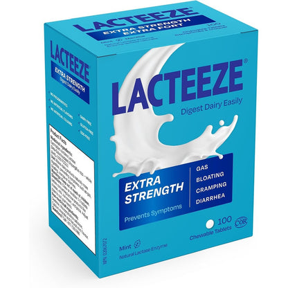 Lacteeze Extra Strength 100 chewable tablets front bottle view for lactose intolerance relief