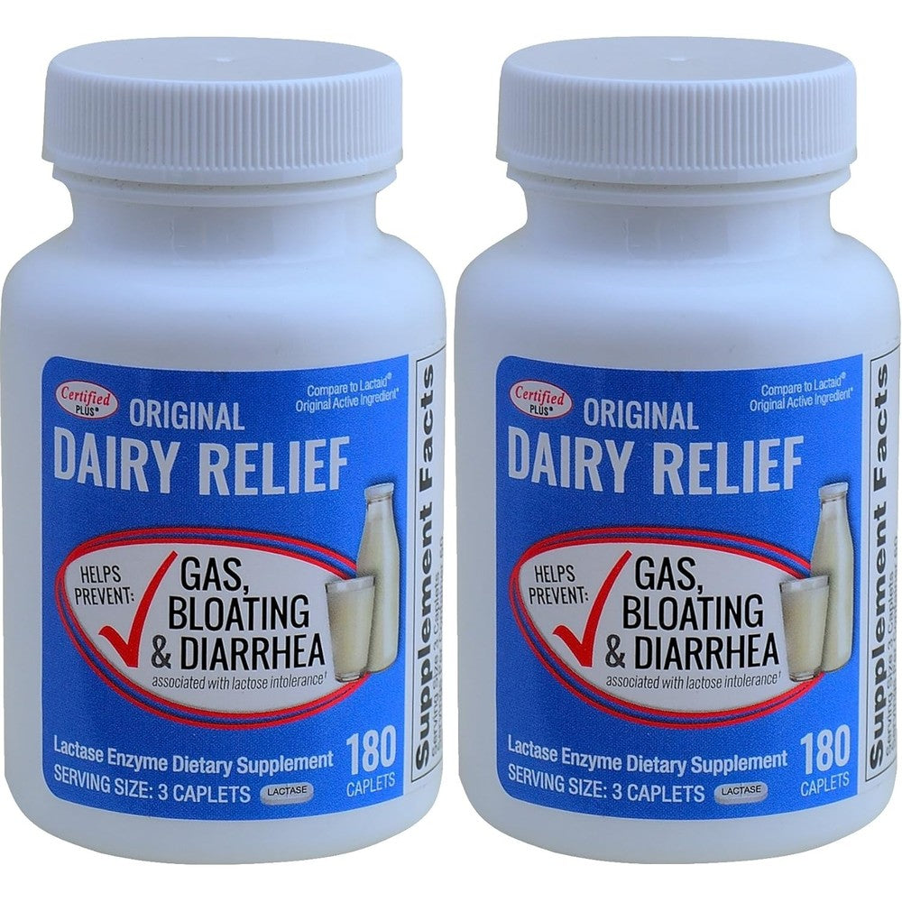 Certified Plus Lactase Enzyme 360 caplets bottle front view for lactose intolerance relief