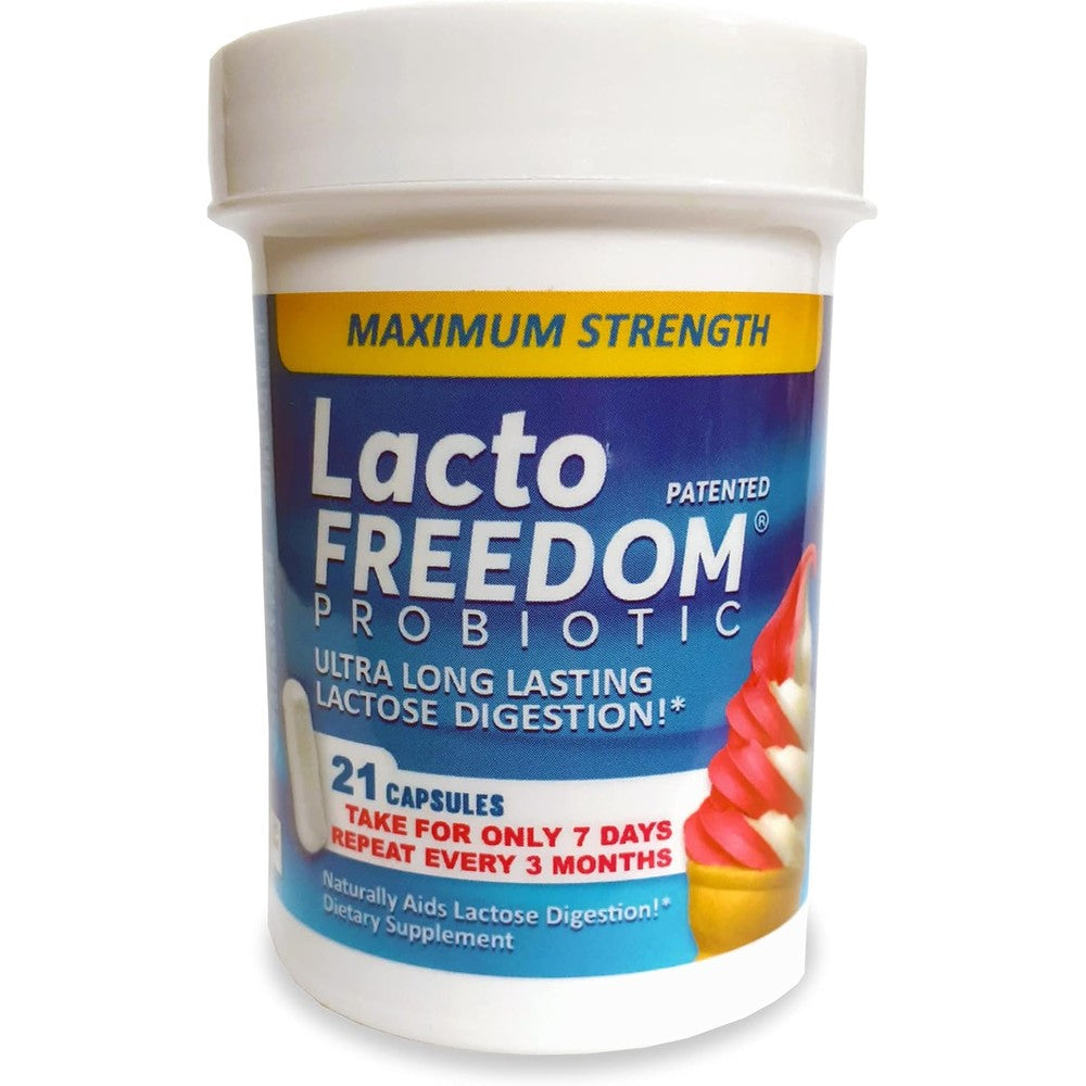 Lacto-Freedom Probiotic for lactose intolerance bottle front view showing 21 capsules pack.