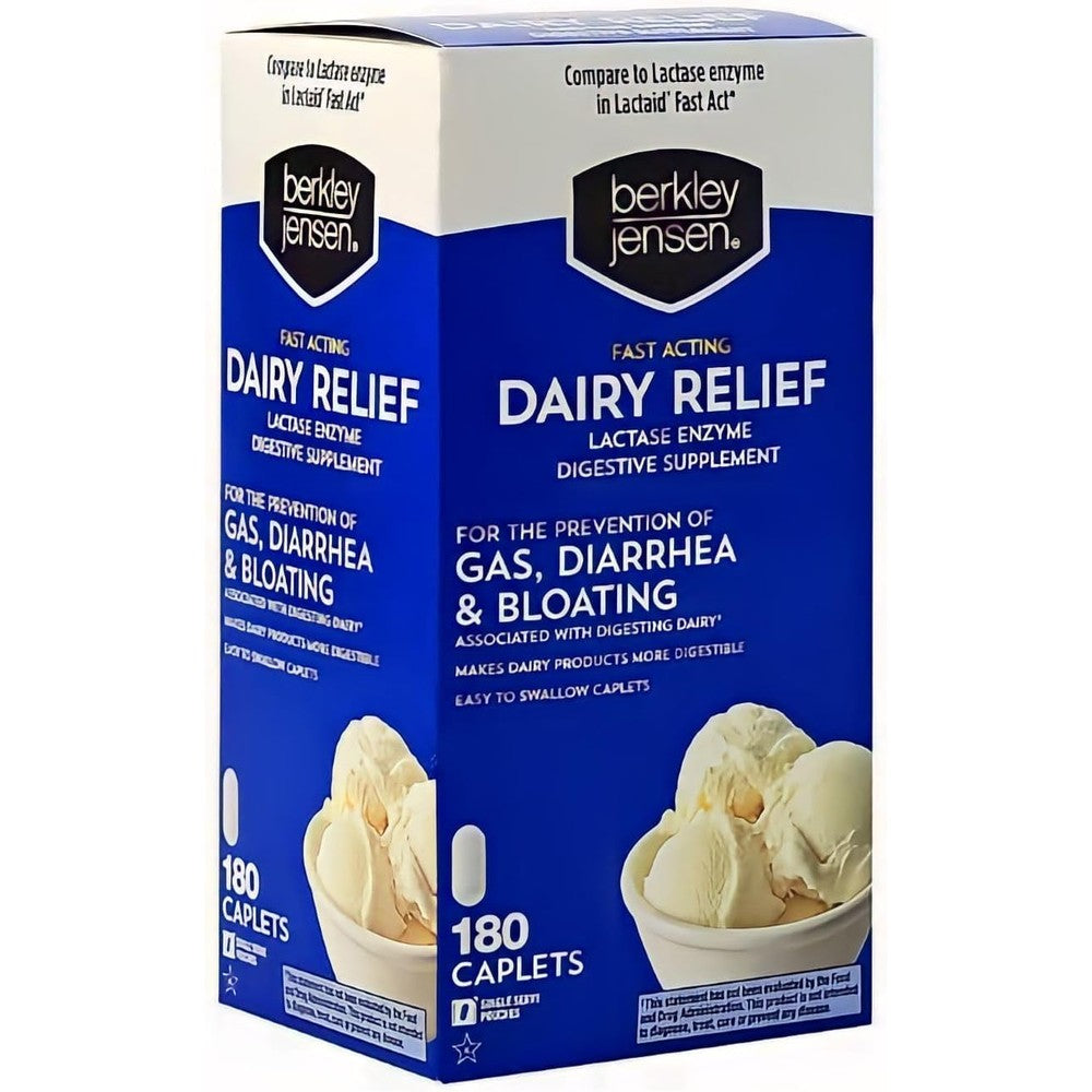 Berkley Jensen Maximum Strength Fast Acting Lactase Enzyme 180 Tablets front view bottle for dairy digestive relief