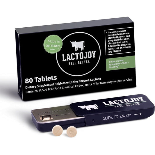 LactoJoy Lactase Pills 80 tablets front view packaging for lactose intolerance relief.