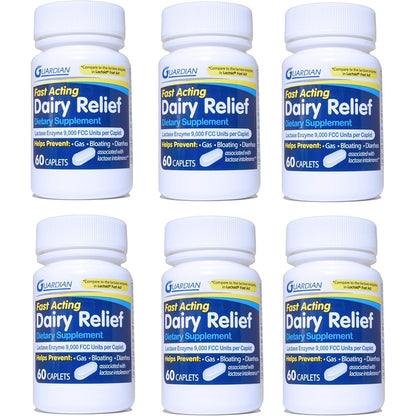 Guardian Dairy Relief Fast Acting Caplets front view packaging for lactose intolerance