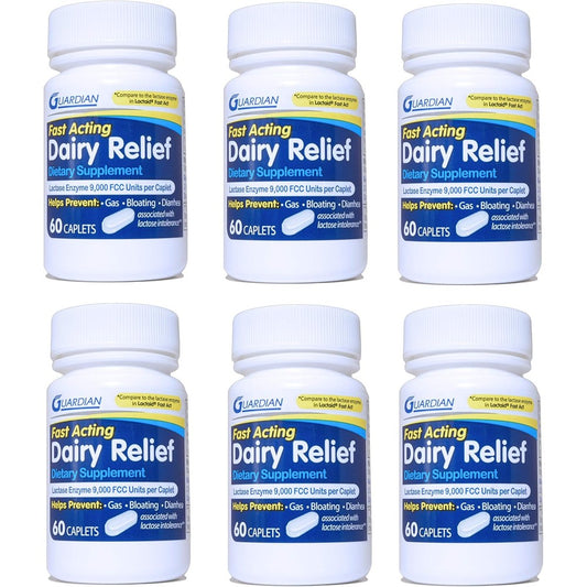 Guardian Dairy Relief Fast Acting Caplets front view packaging for lactose intolerance