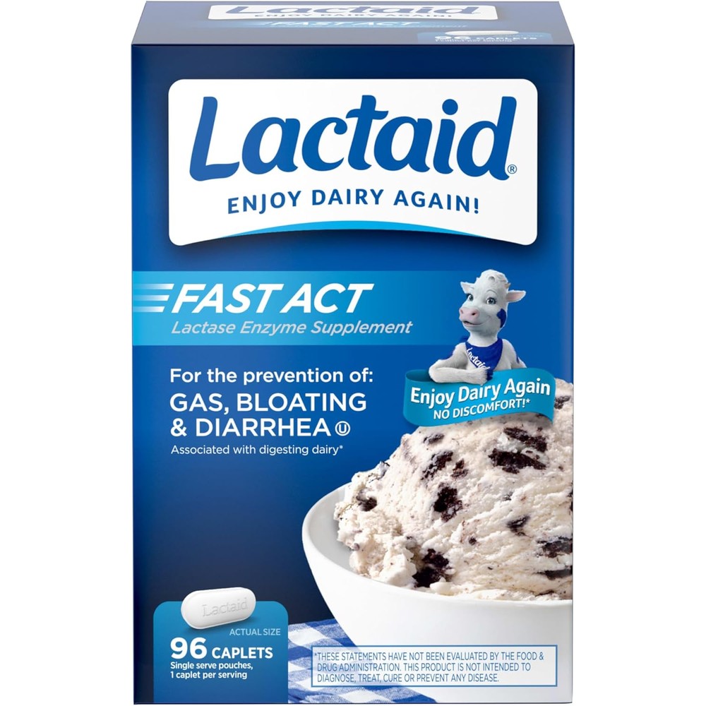 Lactaid Fast Act Lactose Intolerance Caplets front view packaging for dairy relief