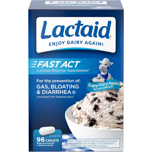 Lactaid Fast Act Lactose Intolerance Caplets front view packaging for dairy relief