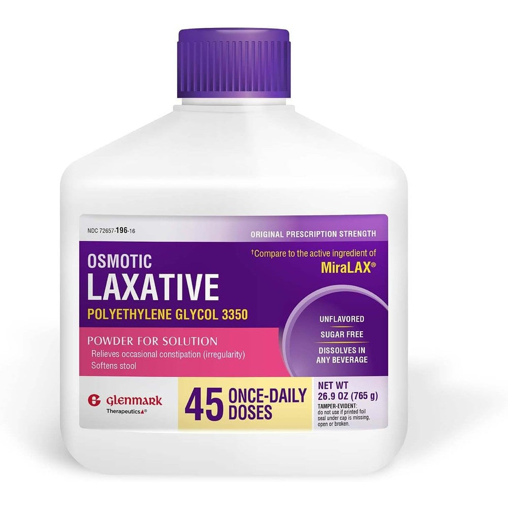 Glenmark Therapeutics Polyethylene Glycol 3350 powder bottle front view