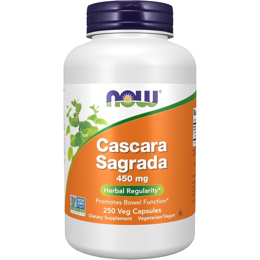 NOW Foods Cascara Sagrada 450 mg 250 vegetarian capsules front bottle view for natural bowel regularity.
