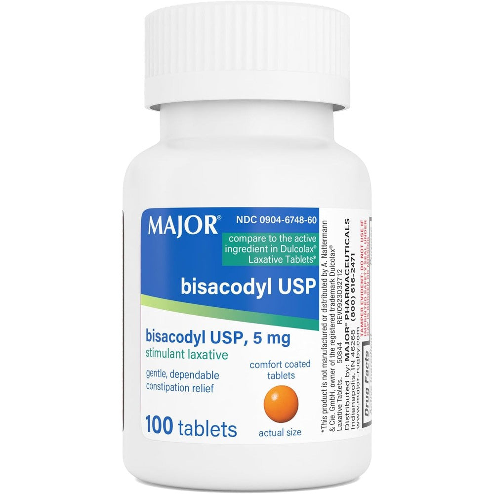 Major Bisacodyl 5mg stimulant laxative tablets front bottle view