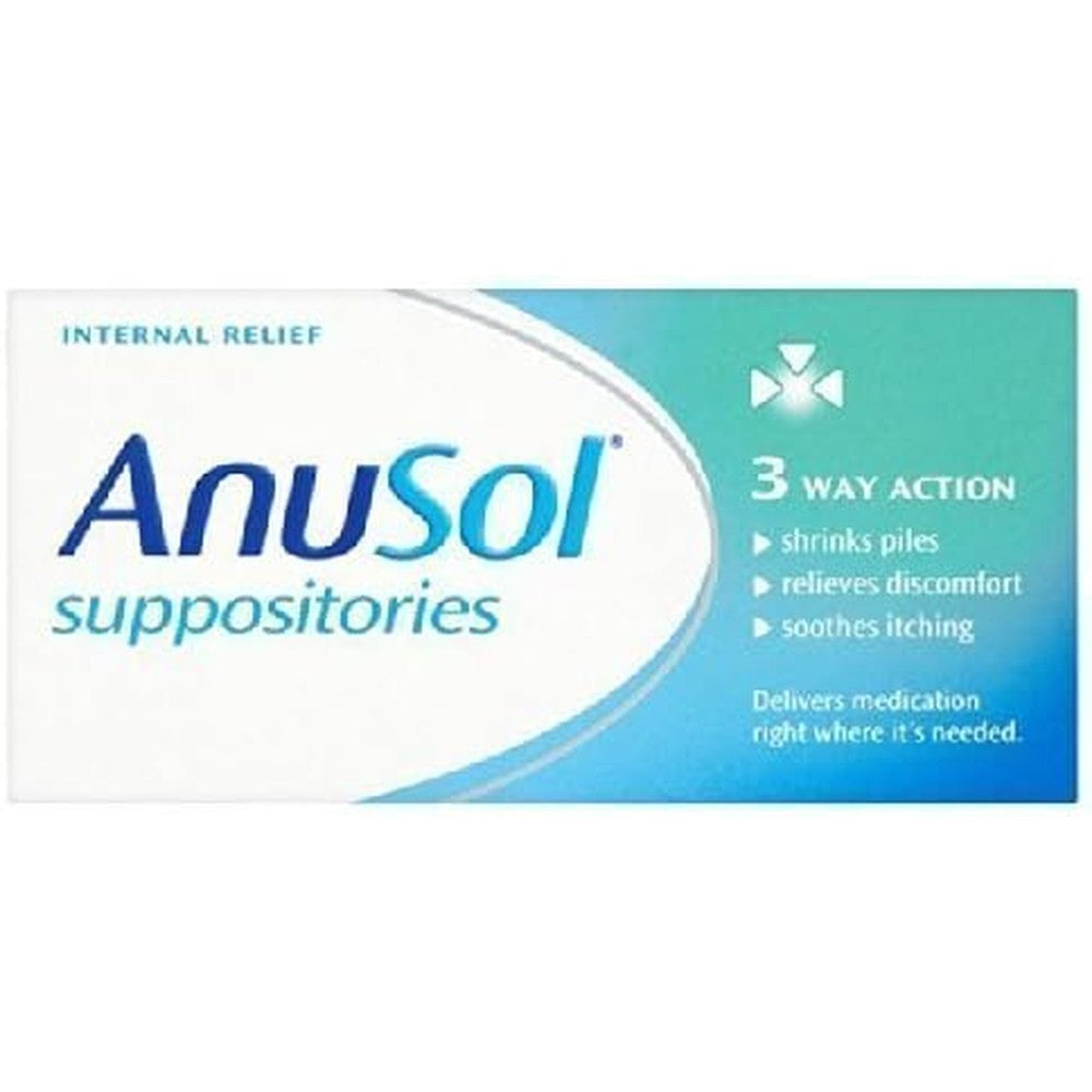 Anusol Suppositories 12 Pack box front view for internal piles relief