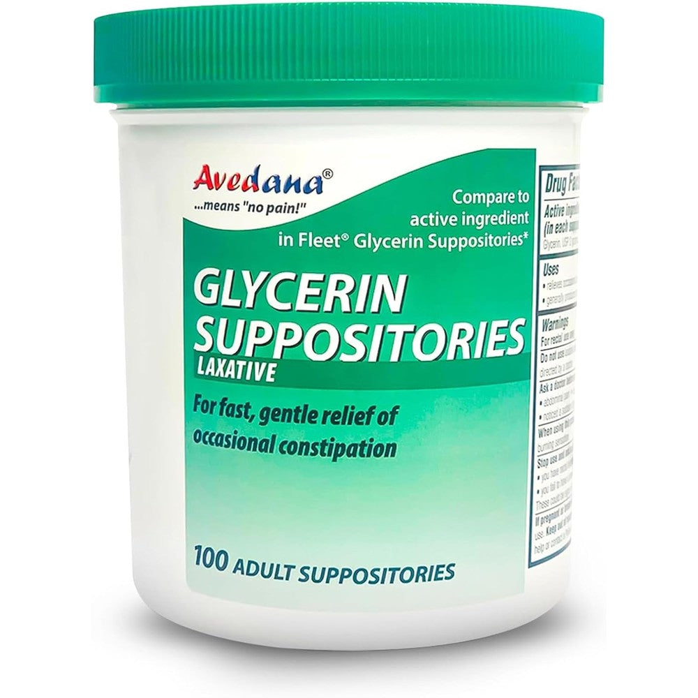 Avedana adult glycerin laxative suppository front view of one hundred count bottle container