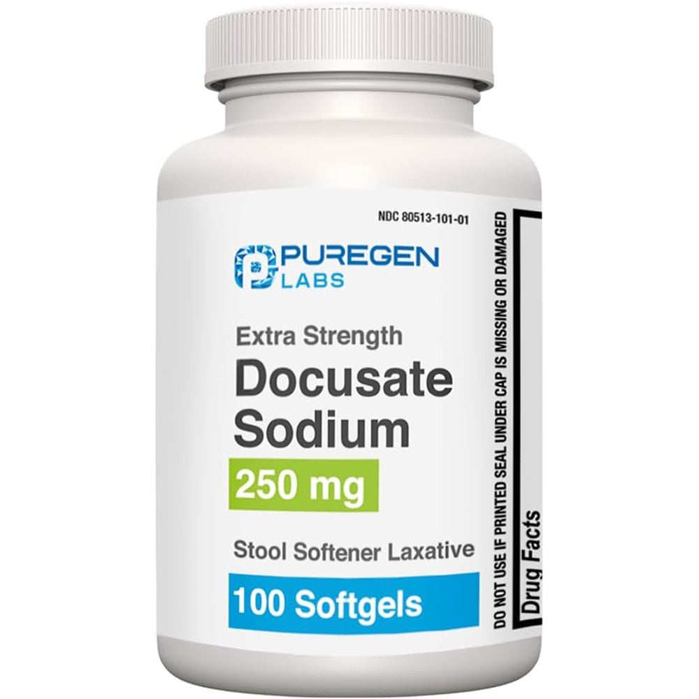 Puregen Labs Docusate Sodium 250mg 100 softgels bottle front view