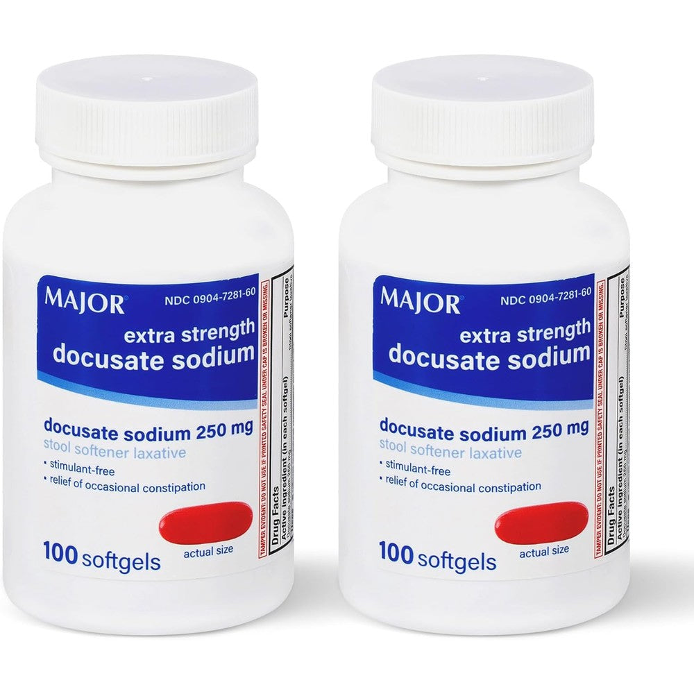 Major Docusate Sodium 250 mg extra strength stool softener bottle front view