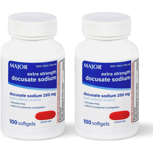 Major Docusate Sodium 250 mg extra strength stool softener bottle front view