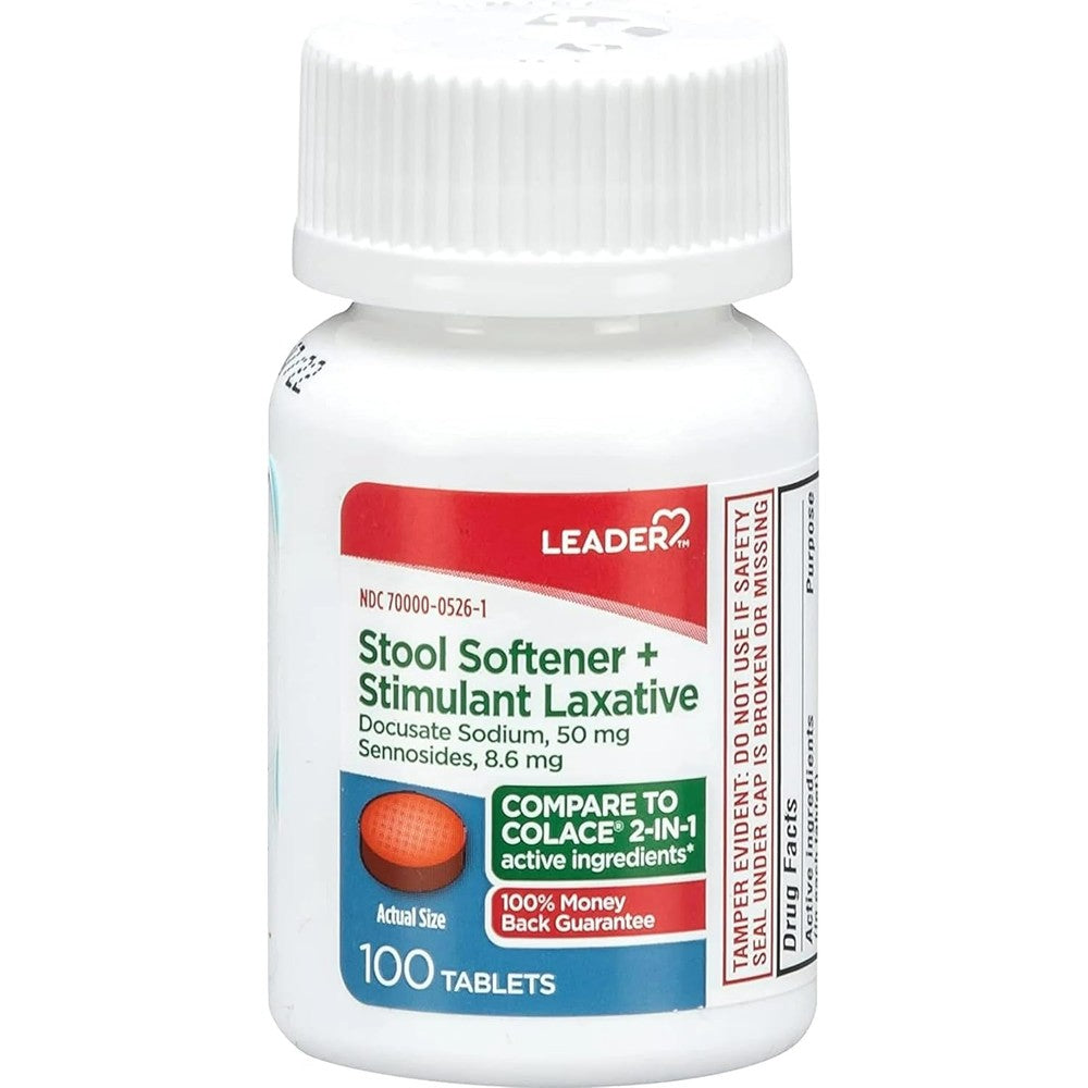Leader 2-in-1 Stool Softener and Stimulant Laxative bottle front view