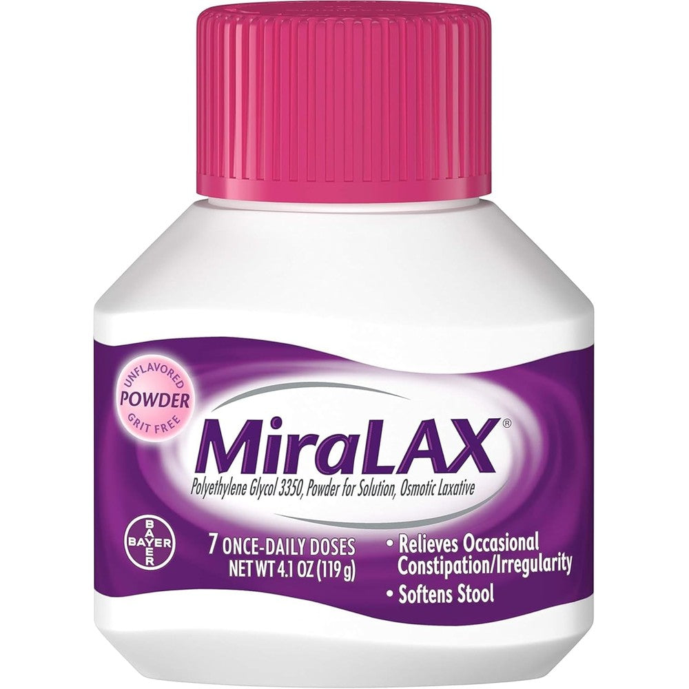 MiraLAX 7 Day Powder Laxative 4.09 Ounce bottle front view