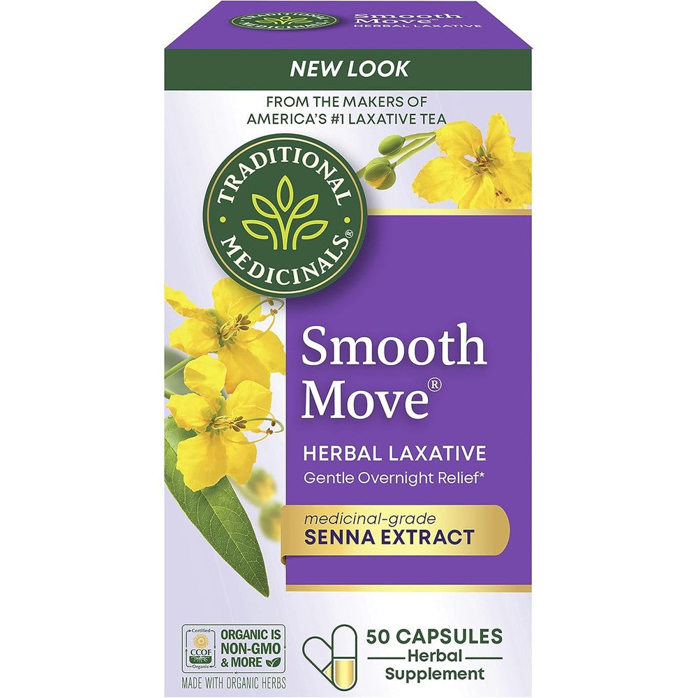 Traditional Medicinals Smooth Move Laxative Capsules front view for constipation relief.
