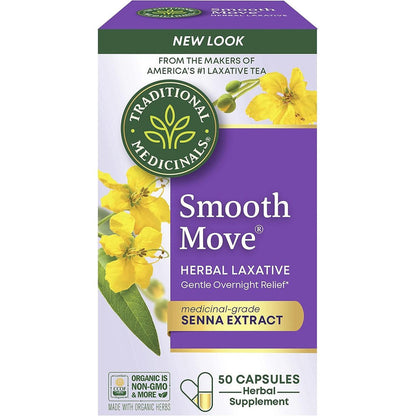Traditional Medicinals Smooth Move Laxative Capsules front view for constipation relief.