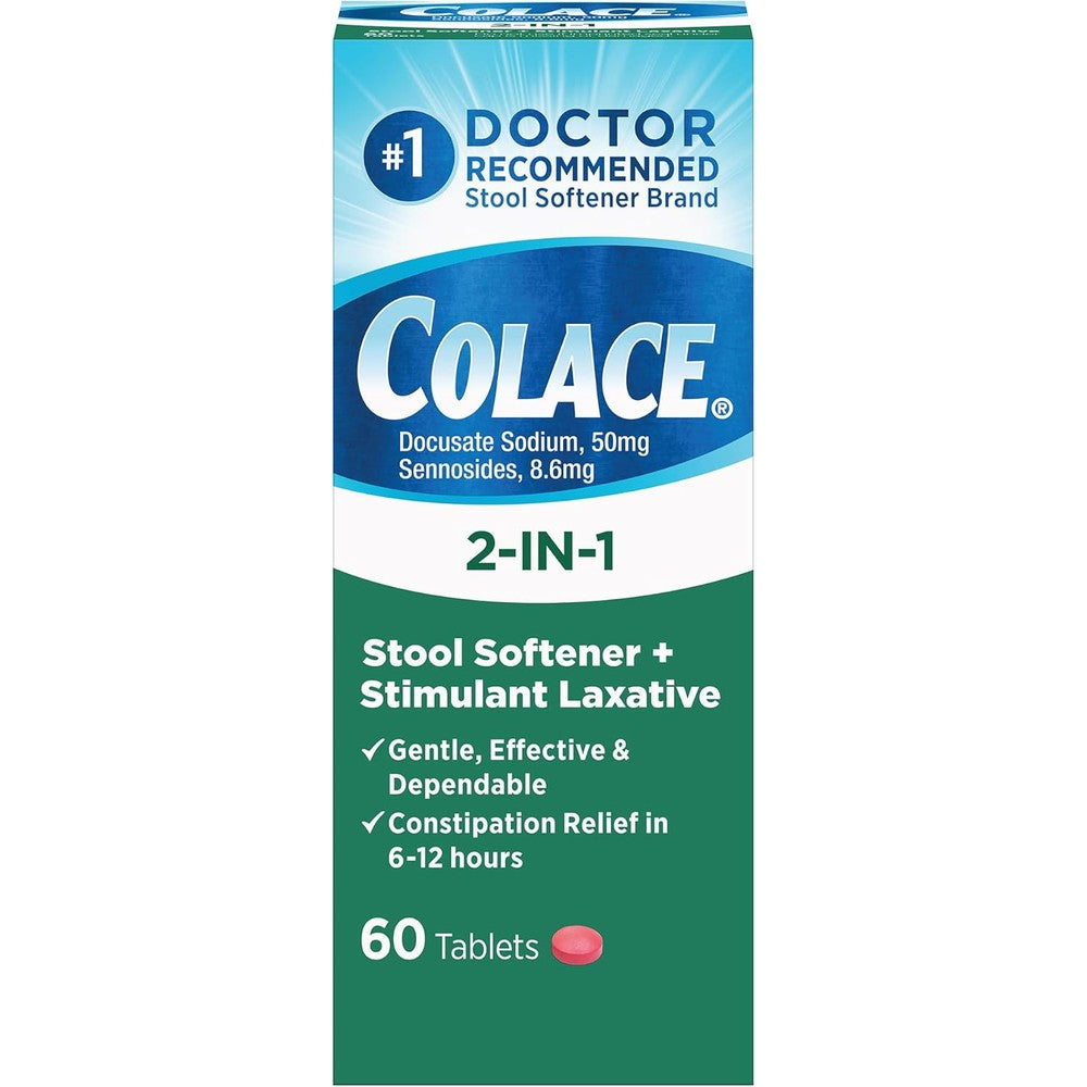 Colace 2-In-1 stool softener and stimulant laxative front of box