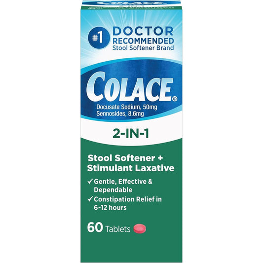 Colace 2-In-1 stool softener and stimulant laxative front of box