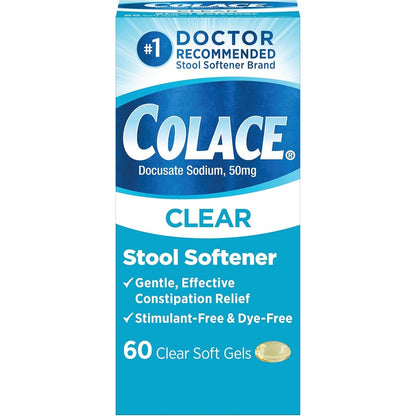 Colace Clear Stool Softener 50mg 60 Count bottle front view