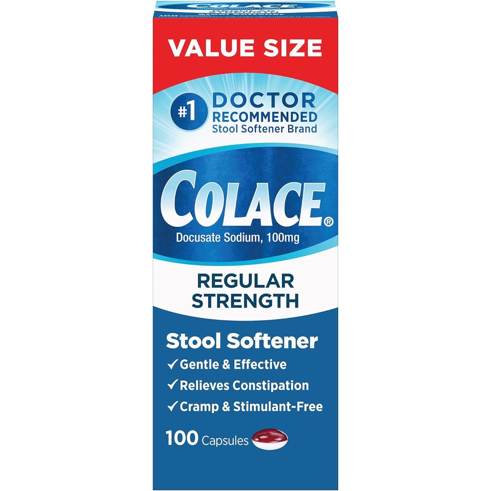 Colace Regular Strength Stool Softener 100 mg capsules front packaging