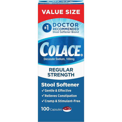 Colace Regular Strength Stool Softener 100 mg capsules front packaging