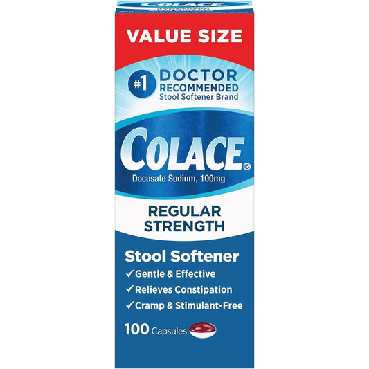 Colace Regular Strength Stool Softener 100 mg capsules front packaging