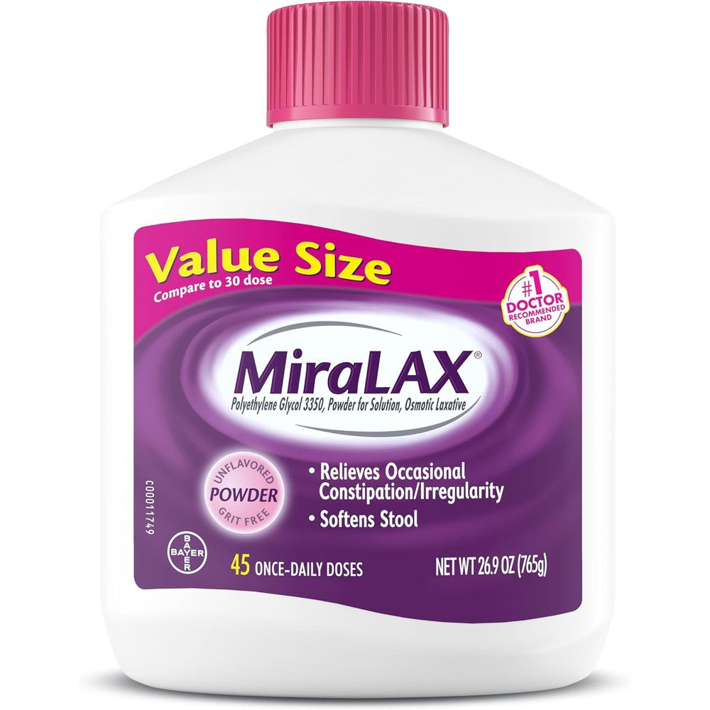 Miralax Laxative Powder bottle front view for constipation relief